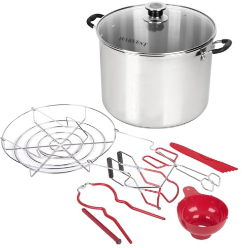 Harvest - Olla de conservas de acero inoxidable de 20 cuartos de galón con estante, para baño de agua o enlatado de vapor, funciona en todas las estufas, incluyendo inducción, vidrio, gas (recipiente