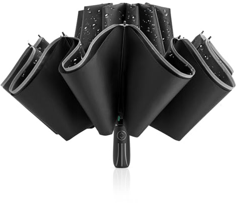 G4Free 54 Inch Large Double Layer Inverted Umbrella, 12 Ribs Compact Windproof Automatic Folding Reverse Umbrella with Reflective Strip(Black)