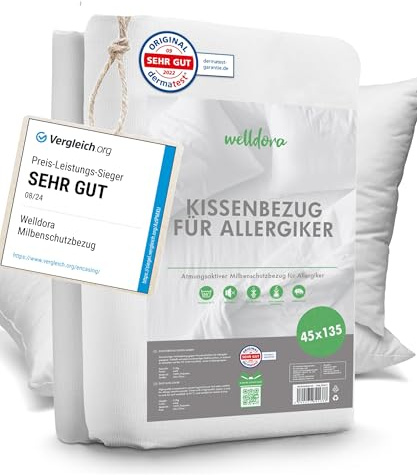 Welldora ǀ Premium Milbenbezug Kissen 45x135 ǀ Allergiker Kissenbezug fachärztlich getestet ǀ Encasing mit Reissverschluss ǀ Allergiker Bettwäsche