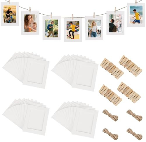 Zyluniy 40 Marco de Fotos de Cartón,Marco de Fotos 10x15 DIY Marcos de Fotos,Marcos Fotos Colgar Fotos con Pinzas 40 y 4 Cuerda para Salón, Dormitorio, Fiesta
