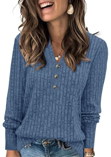 Fisoew - Jersey de mujer con cuello en V, mangas largas ligeras, elegante, acanalado, sudadera básica, camiseta suelta con botón, azul, L