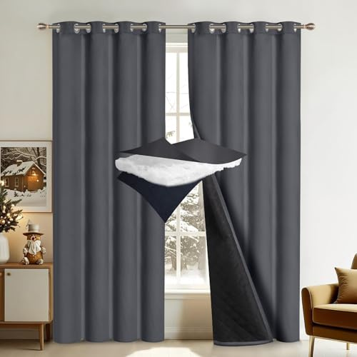 PLODAXE 2er Set Thermovorhang Kälteschutz mit ösen, 405g/m² Wärmeschutzvorhang Thermo Vorhang Gegen Kälte, Dicker Kälteschutzvorhang für Schlafzimmer Wohnzimmer Balkon(H213xB132CM,Grau 2-teilig)