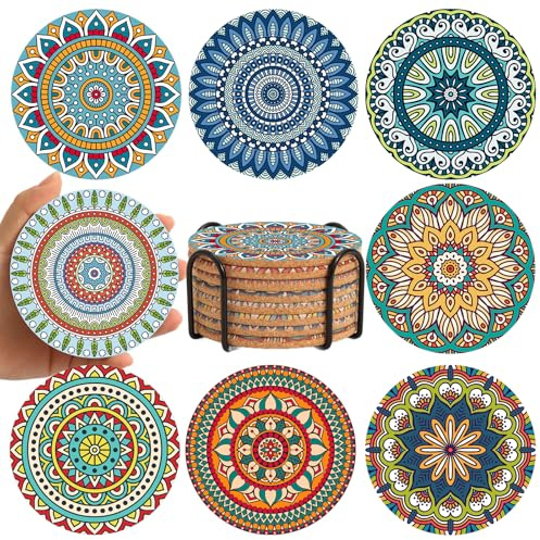 Cork Coasters Set of 8,Cork Coasters for Drinks,Colorful Coaster with Holder,Cute Easter Coffee Table Bar Coaster,Apartment Farmhouse Office Easter Decor, for Mom Grandma (Mandala 5)