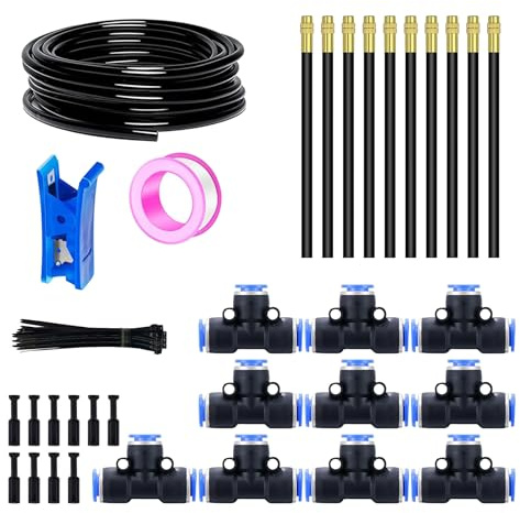 HUAZIZ Kit tubo pneumatico da 20 m, sistema di irrigazione, set di irrigazione a goccia flessibile a 360°, 10 ugelli da 8 mm, 10 connettori pneumatici, per serra, cortile, prato, pianta