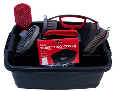 Red Gorilla Horse Grooming Kit 9 Piece Equestrian Care Gift Set 4 Brushes Sweat Scraper Curry Comb Hoof Pick Red Tray and Waterproof Cover (Black)