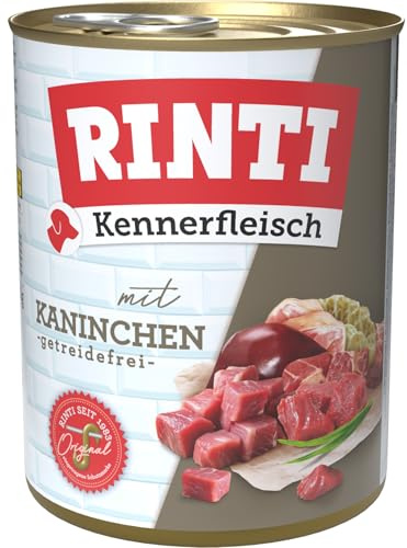 RINTI - Carne d'intenditore | Cibo umido con 70% di carne per cani adulti. Alimento completo senza cereali in scatola senza soia, coloranti e conservanti | 12 x 800 g di coniglio