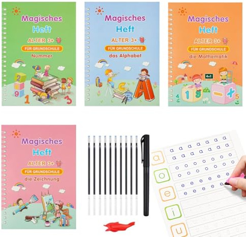 Magisches Vorschul Übungsheft,4 Stück Deutsch Magisches Heft,magische Schreibübungsbücher,magische Vorschule Übungshefte Ab 5 Junge & Mädchen,rillen-wiederverwendbares Übungsheft-German