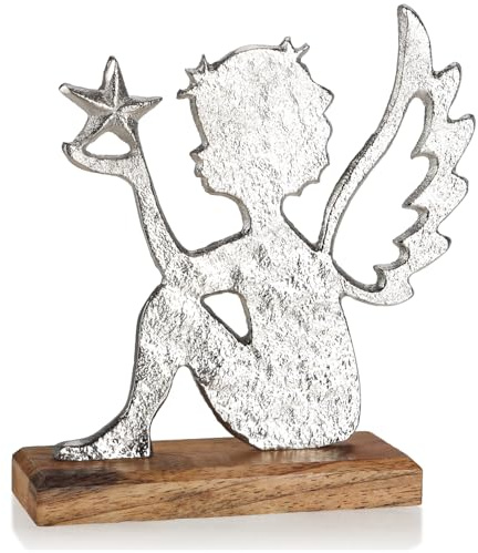 com-four® figura angelo, decorazione elegante in metallo e legno di mango, angelo con stella su base in legno, addobbo natalizio da esposizione