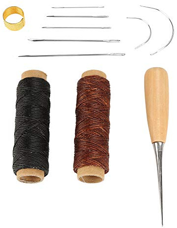 Sysats vaxad sladdtråd Handnål med syl fingerborgsring Professionell läderreparationsverktyg för DIY Skoväska Reparation Svart Brun 11st