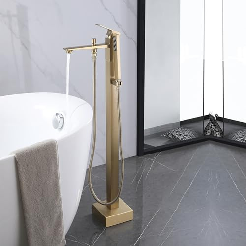 Grifo Bañera de Suelo Oro Cepillado Monomando Grifo de Pie para Bañera Exenta G1/2 Ducha Baño