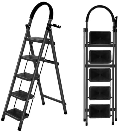 Scaletta pieghevole a 3/4/5 gradini di carico massimo di 150 kg, blocco di sicurezza, pedali larghi braccioli a scala a scomparsa leggeri per casa, cucina, armadio e ufficio (nero-5 gradini)