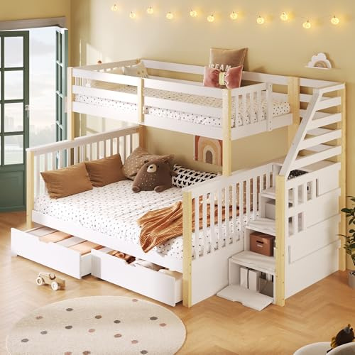 Ktipm Litera 90(140) x200 cm Cama Infantil con 2 Cajones y Escalera de Almacenaje, Literas Infantiles con Barandilla Anticaída, Cama Litera Matrimonio para 2 Personas, Sin Colchón, Blanco+Natural