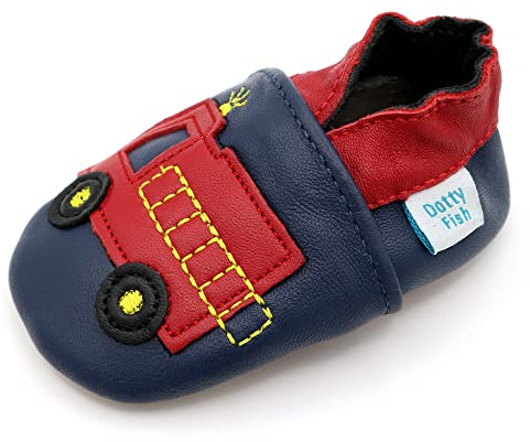 Dotty Fish Calzado Minimalista para bebés y niños. Zapatos Unisex de Piel Suave con Suela Antideslizante. Ligeros, Flexibles, Respirable y aprobados por podólogos - Camión de Bomberos 3-4 años