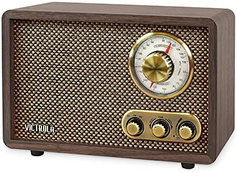 Victrola Willow Retro Wood - Radio Bluetooth con altavoces integrados, diseño elegante y vintage, dial giratorio de afinación AM/FM, control de graves y agudos, transmisión inalámbrica, espresso