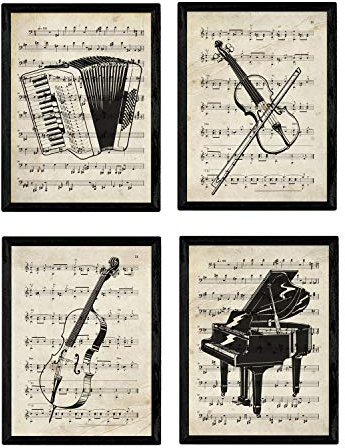 Set von 4 Poster Instrumente mit Noten. Klavier, Geige, Cello, Akkordeon. A4-Format. mit Rahmen