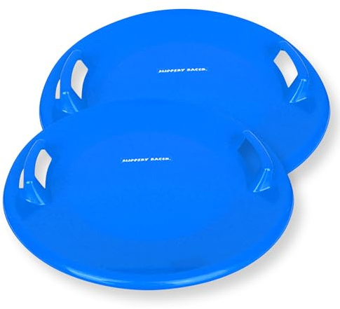 Slippery Racer Heavy-Duty Cold Resistant Downhill Pro Adults and Kids Plastic Outdoor Winter Saucer Disc Snow Sled with Handles (Blue, 2 Pack)