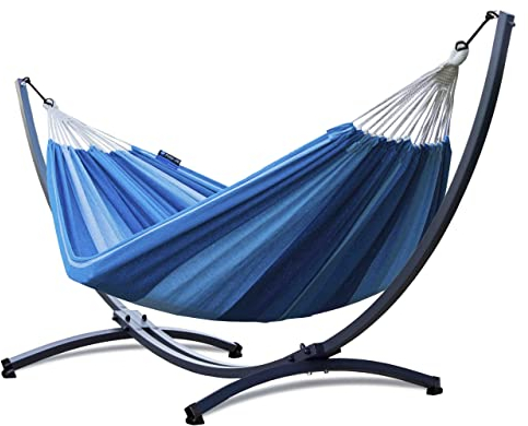 Potenza Outdoor Hängematte mit Verzinkter Gestell für 2 Personen I Baumwolle Doppelhängematte XXL 220x160, 200kg I Hängemattengestell 220kg, wetterfest (Blau, Basic Gestell Graphit)