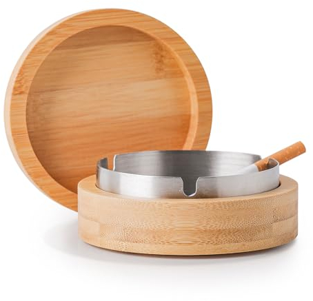 VViN Aschenbecher mit Deckel, Aschenbecher für Draussen, Aschenbecher Outdoor Windaschenbecher Geschlossener, Aschenbecher Edelstahl Bambus Retro Design Geruchsdicht für Home Office Balkon - Groß