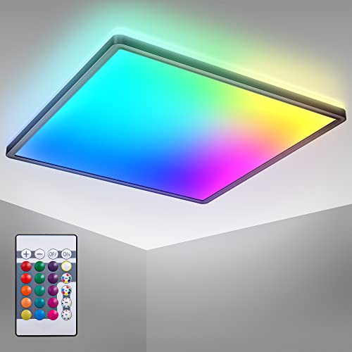 B.K.Licht I Lámpara de techo LED RGB I Panel LED ultra plano I Cambio de color I Lámpara de techo RGBW regulable I Iluminación indirecta I Mando a distancia I Negro