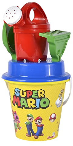 Super Mario Eimergarnitur, Sandspielzeug, 5 Teile, Eimer, Sieb, Schaufel, Rechen, Gießer, 16cm, D:17cm, ab 10 Monate