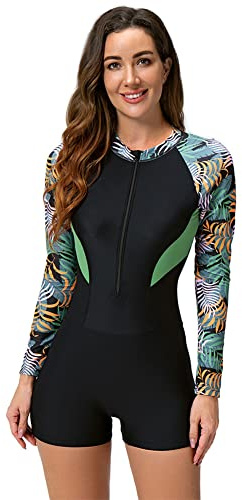Women's One Piece Boyleg Swimsuits Sports Athletic Training Bathing Suit Color Block Rash Guard Long Sleeve Zipper Front Surfing Diving Swimming Costume Ladies Wetsuit Modest Swimwear Green + Black L