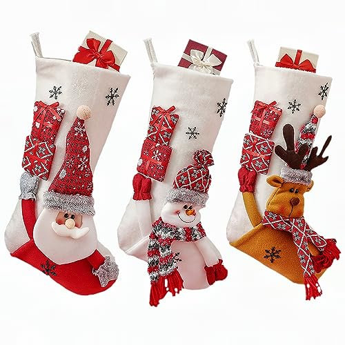 Large Christmas Stockings Pack of 3, Santa, Snowman, Reindeer Xmas Christmas Stockings 18 Inches, Christmas Stockings for Fireplace, Velvet Plush White Stockings Christmas with 3D Plush Character