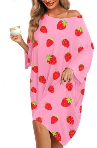 KFUBUO Plus Size Nightgowns for Women Oversized Sleep Tshirts Dress Short Sleeves Sleepwear With Pocket Fit S-5XL, Pink Strawberry, oversized