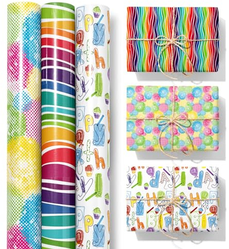 ZYOOO 3 Rolle(43cm x 3m pro Rolle) Geschenkpapier Geburtstag Graffiti Bunt Geschenkverpackung Papier für Kinder,Jugend,Mädchen