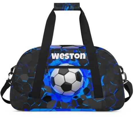 Custom Name Sports Bag for Kids Boys, Personalized Gym Duffel Fitness Travel Weekender Tote Carry-On Training Perform Bag, Soccer Black Blue