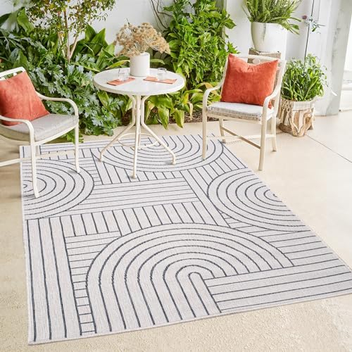 payé In- & Outdoor-Teppich - Grau Creme - 80x150cm - Wendeteppich - Geometrisch - Wetterbeständig für Balkon Terrasse - Indoor Teppiche Wohnzimmer Küche