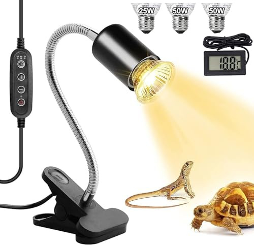 Dhqkqg Lámpara para Tortuga, Lámpara de Calor de Reptil con Clip, Lámparas para Tortuga 360°Rotación con Función de Temporización y Termómetro, para Testudo, Lagartos, Serpientes, Camaleones