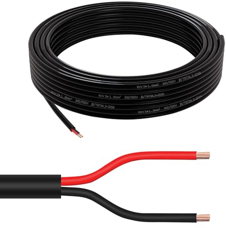 AOHEWEI 2×1.0mm² Rund Twin 2 Core Kabel 2 Ledare Koppar Elektrisk ledning 5V 12V 24V 60V, Tunnvägg Röd/Svart Bilbåtskabel 5/10/20/50 meter