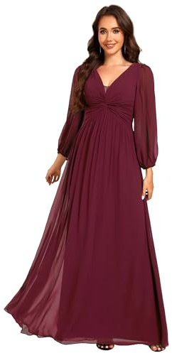 Ever-Pretty Abiti da Sera Eleganti a Maniche Lunghe da Donna Vestito da Cerimonia Extra Lunghi con Scollo a V e Vita Alta in Chiffon Borgogna 40