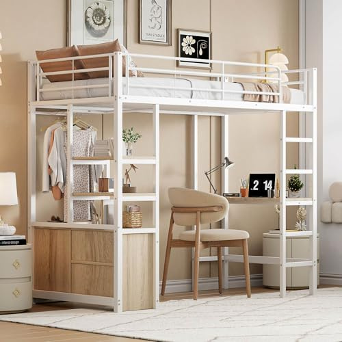 PUGSDRLY Lit Mezzanine 1 Place avec Bureau, Étagères, Prise Électrique et USB, Armoire de Rangement - Blanc, 90x200cm