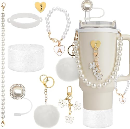 Stanley Cup Accessories Set, Shinning Cup Boot, White Pearl Water Bottle Handle Strap & Pearl Straw Cover, Keychain Charms Tumbler Decorations for Stanley Accessories 30oz 40oz (8pcs White Pearl)
