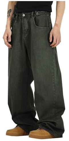 Men's 90s Vintage Hip Hop Style Baggy Jeans Casual Loose Fit Solid Denim Pant High Waisted Y2k Streetwear with Pocket Green