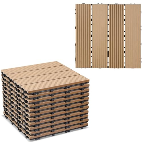 Gimisgu WPC terrassplattor, 30 x 30 cm, WPC-plattor, set om 110 för 10 m² balkongplattor, klickplattor med klicksystem, golvbeläggning för balkong terrass, väderbeständig med dränering, teak