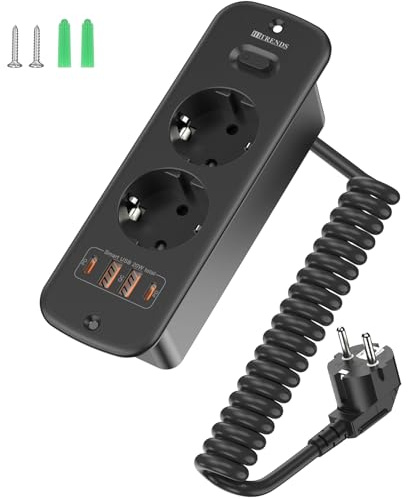 2 x USB 2 x Type-C infällt uttag med 2 m lindad kabel, dubbla uttag för bord eller arbetsytor, svart