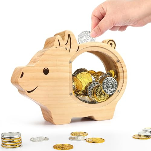 Foyucool Spardose Kinder Holz, Sparschwein mit Transparentem Acryl-Glas | Personalisiertes Geldgeschenk mit DIY Buchstaben für Jungen & Mädchen, Sparbüchse für Geburtstag, Taufe & Weihnachten