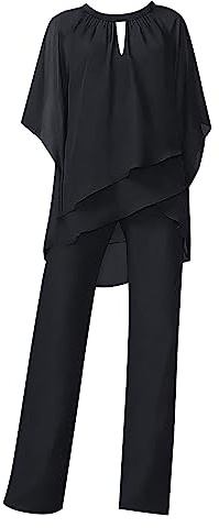 Dambyxdräkter, elegant bröllop gästbyxor kostym 2 delar chiffong formell outfit bal kväll tvådelad byxdräkt plusstorlek brudens mor kläder cocktailparty festlig, Svart, L