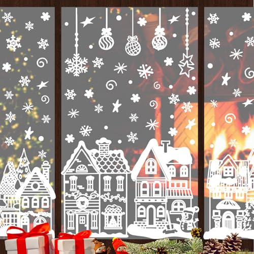 4 Sheets Christmas Village Window Stickers, Double Sided Large 12 x 24 Inch Christmas Window Decorations, Christmas Window Clings Reusable for Home, Cafe, Mall Glass Door, Christmas Decor