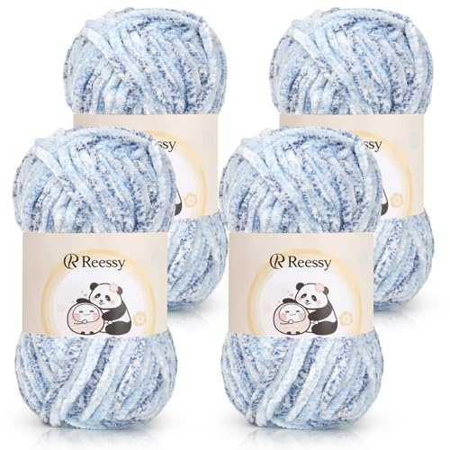 Reessy Chenille Yarn 400g(4×100g), Super Soft Chenille Yarn Chunky Yarns for Crochet and Knitting, Fluffy Velvet Chenille Wool for Crochet Exquisite Crafts, Amigurumi, Baby Blanket (Ice Blue)