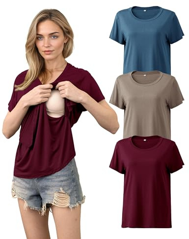 SUNNYBUY Magliette per allattamento set da 3 pezzi – Maglietta per allattamento a maniche corte per donna – Comoda moda premaman per gravidanza e allattamento, XL