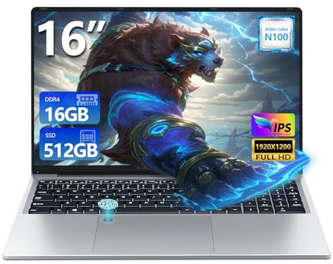 Portatile PC 16 Pollici, 16 GB RAM SSD 512 GB Alder Lake N100(fino a 3,4GHz)Notebook, Laptop Display IPS FHD 1200P, Tastiera Retroilluminata, WiFi 5, BT5.0, USB 3.0, Mini HDMI Computer Portatile