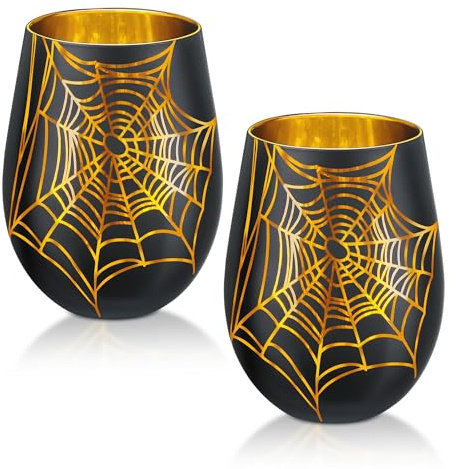 Joeyan 540 ml svart halloween glas med gyllene spindelnät, set med 2 vinglas, design hantverk, vinranka för rött/vitt, juice, drycker, bordsdekorationer för fest och semester