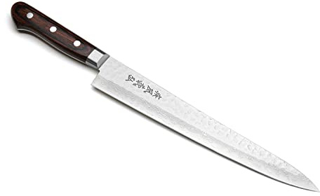 Yoshihiro VG10 16 Layer Hammered Damascus Stainless Steel Sujihiki Slicer Chefs Knife (9.5'' (240mm))