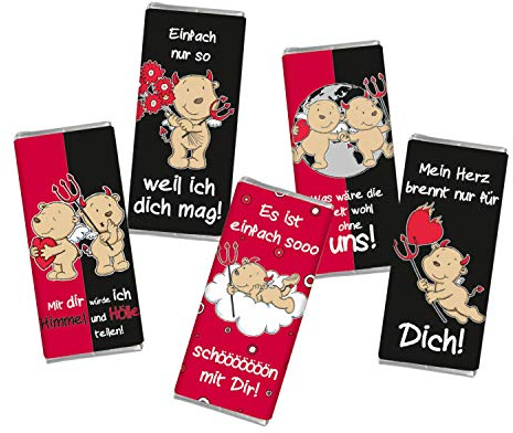 5 mal Mini Schokolade LIEBE ENGEL & TEUFEL STEINBECK Vollmilch Schokolade Tafel 5er Set Geschenk süß Mitgebsel Herzen rot Liebe Valentinstag Jahrestag Männer Schatz
