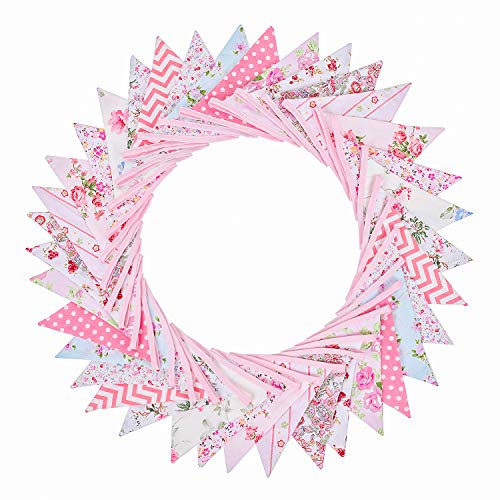 Whaline Large Fabric Bunting Banner 36 Pcs Double Sided Flags Garland, 33 Feet Vintage Floral Pennants for Wedding Birthday Parties Baby Shower Home Decoration (Pink)