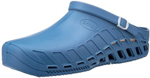Scholl Clog Evo - Zoccoli Sanitari Professionali per Uomo o Donna, Ultra Leggeri, Comodi e Traspiranti, con Suola Antiscivolo, Soletta in Memory Removibile e Cinturino Rotante, Azzurro, 46/47 EU