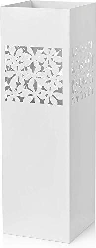 Baroni Home Quadratischer Schirmständer aus Metall mit rechteckige Blumenschnitzung, mit zwei Haken und abnehmbarer Regenschale, Weiß, 15,5x15,5x49 cm